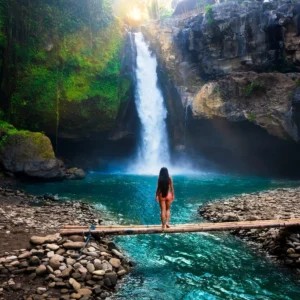 Tegenungan Waterfall near Ubud with mist rising from the base