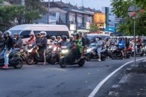 Bali traffic conditions during daytime in tourist area