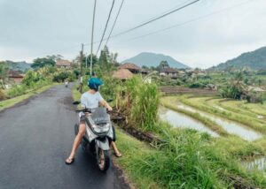 Bali road traffic with scooters and cars in rural landscape