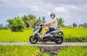 tourist riding scooter through Bali rice terrace road