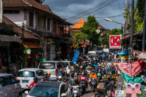 Bali traffic on narrow village road